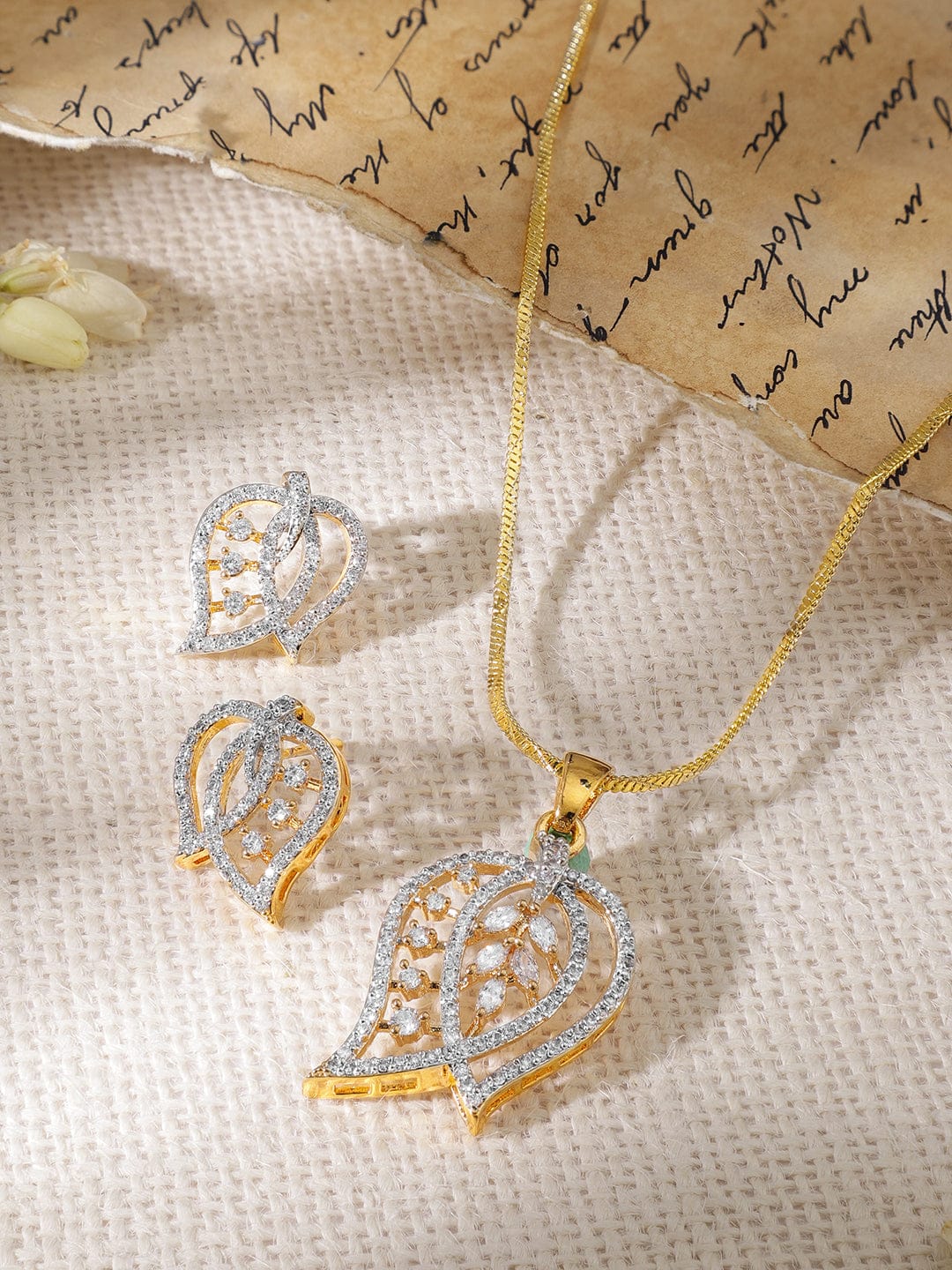 American Diamond Zirconia Leaf Motif Necklace Set Gold