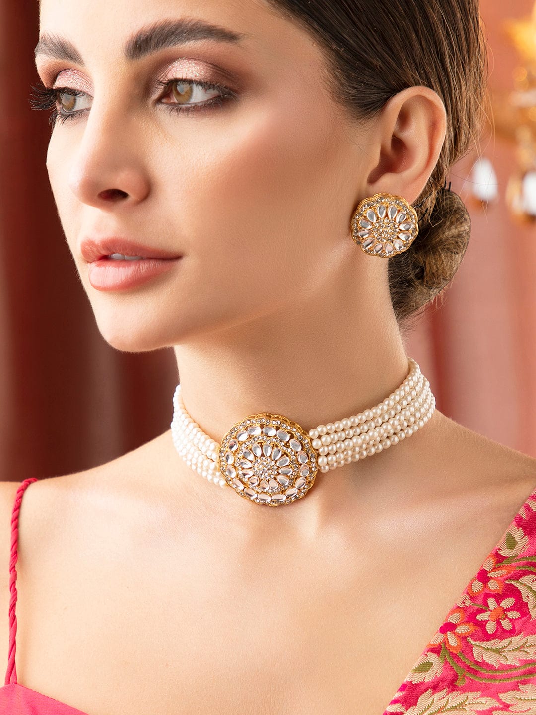 Rubans Gold Plated Elegant Kundan Choker Set With White Beads. Gold