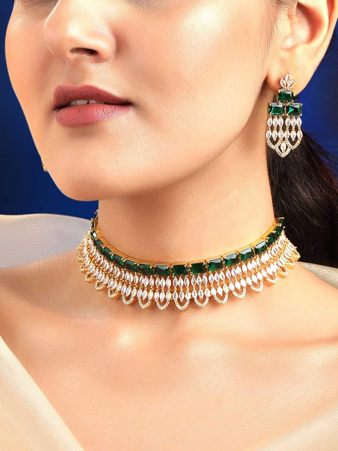 Rubans Gold Plated Green & White Stone Studded American Diamond Necklace Set. Gold