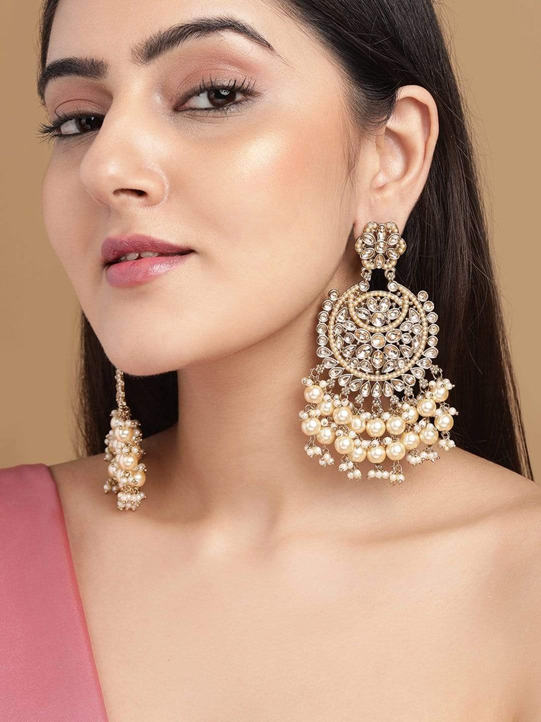 Rubans 22K Gold Plated Kundan Studded Handcrafted Long Chandbali with Cream-Colored Pearls Gold