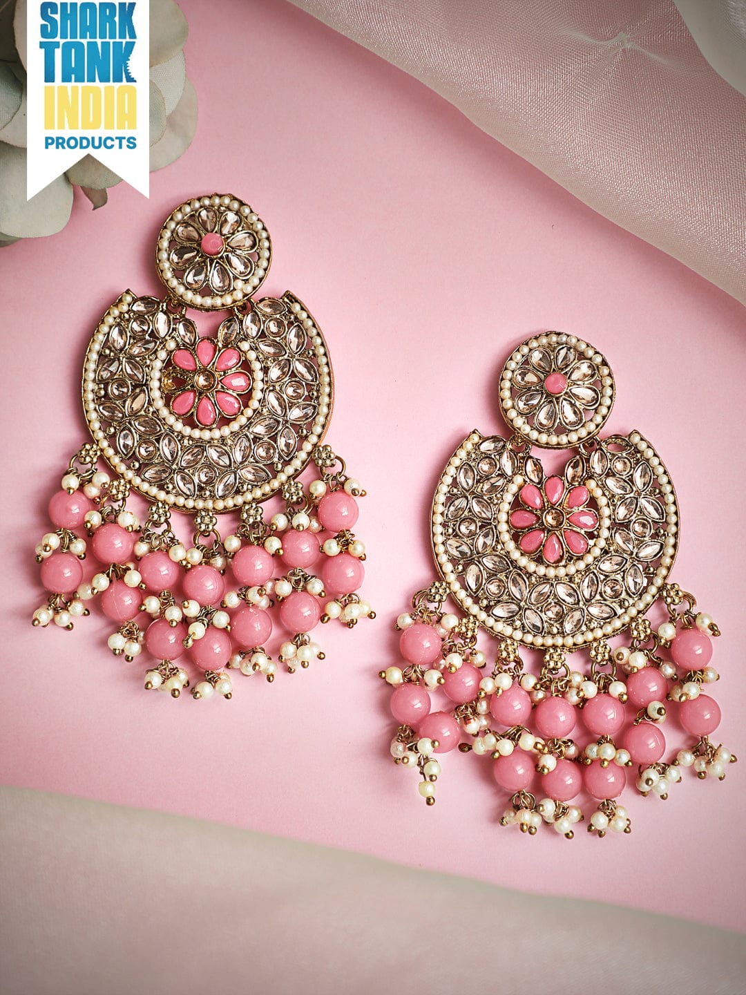 Rubans Gold Plated Handcrafted AD Studded & Pink Beads Chandbali Earrings Gold