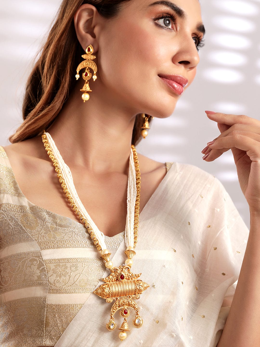 Rubans 18K Gold-Plated Red & White Stones Pearl Beads Multi-Starnd Temple Jewellery Set Gold