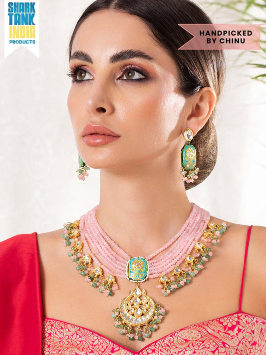 Rubans Gold Plated Handcrafted Enamel & Kundan Pink Beads Necklace Set Multicolor