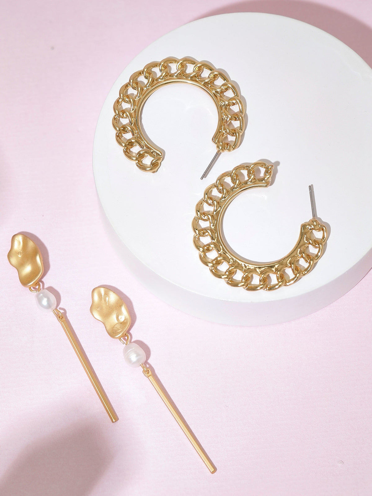 【Rubans】 Gold Plated Handcrafted Half Hoop & Drop Set of 2 Earrings｜ゴールドメッキ ハンドクラフト ハーフフープ＆ドロップ イヤリング 2組セット