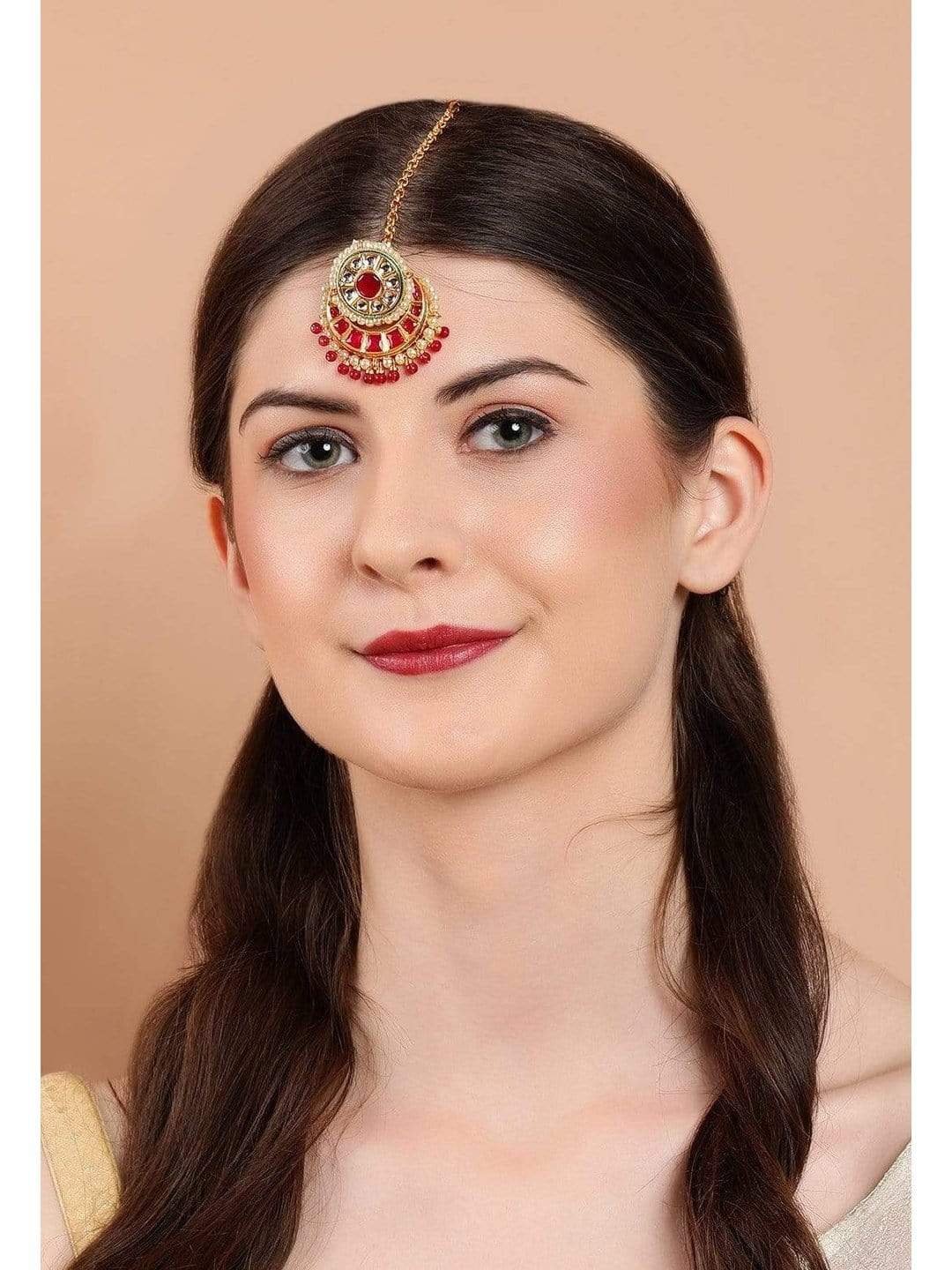 Rubans Gold Plated Handcrafted Kundan Maangtikka Red