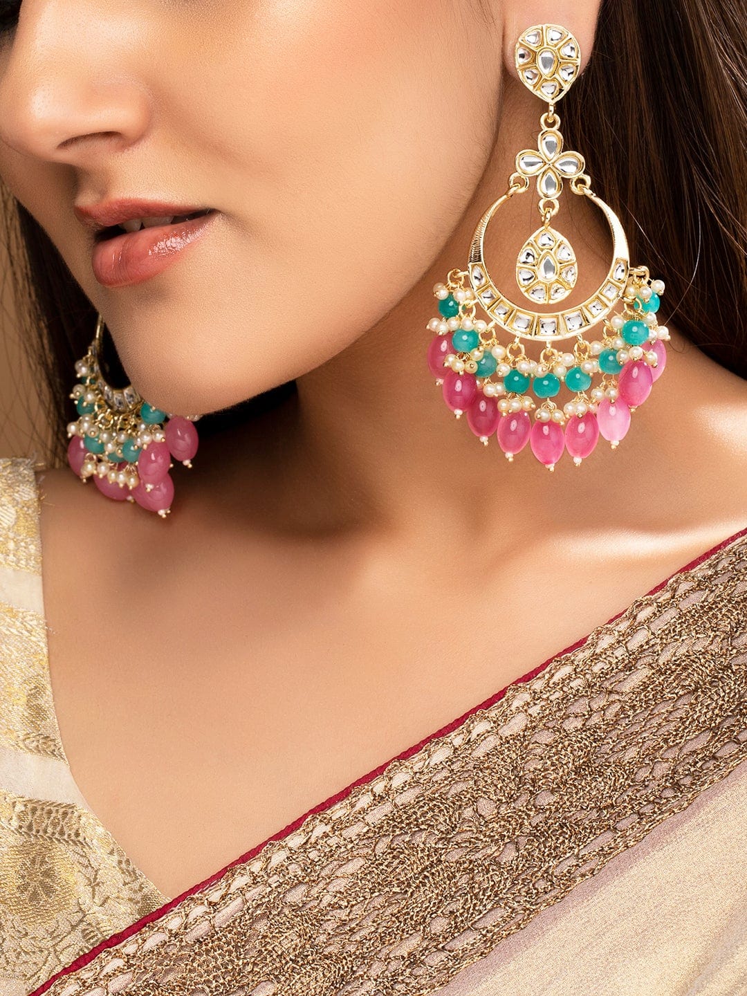 【Rubans】 18K Gold Plated Kundan Studded Multicolor Big Chandbali with White, Pink & Blue Beads｜18K ゴールドメッキ クンダン マルチカラー ビッグ チャンドバリ イヤリング ホワイト・ピンク・ブルービーズ