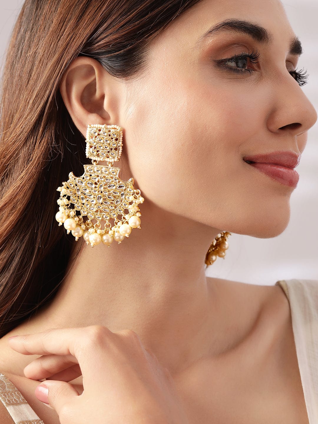 Rubans 18K Gold-Plated Handcrafted Kundan-Studded Long Chandbalis with Off-White Pearl-Beaded Gold