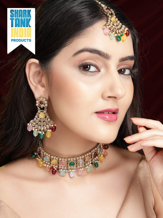 Rubans Gold Plated Handcrafted Multicolored Beads Necklace Set Gold