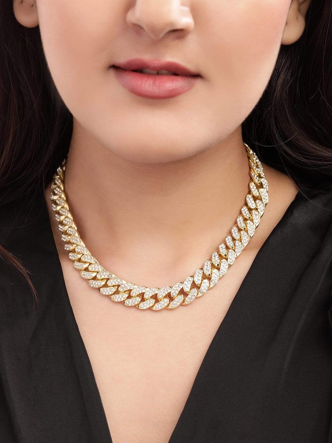 【Rubans】 Gold Plated Handcrafted Rhinestone Interlink Chain Necklace｜ゴールドメッキ ハンドクラフト ラインストーン インターリンク チェーンネックレス