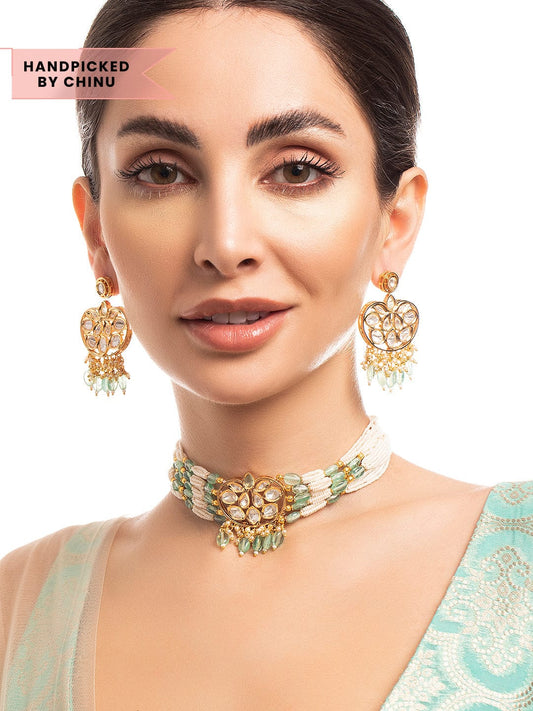 【Rubans】 Gold Plated Kundan Choker Set with White and Mint Green Beads｜ゴールドメッキ クンダン ホワイト＆ミントグリーンビーズ チョーカーセット