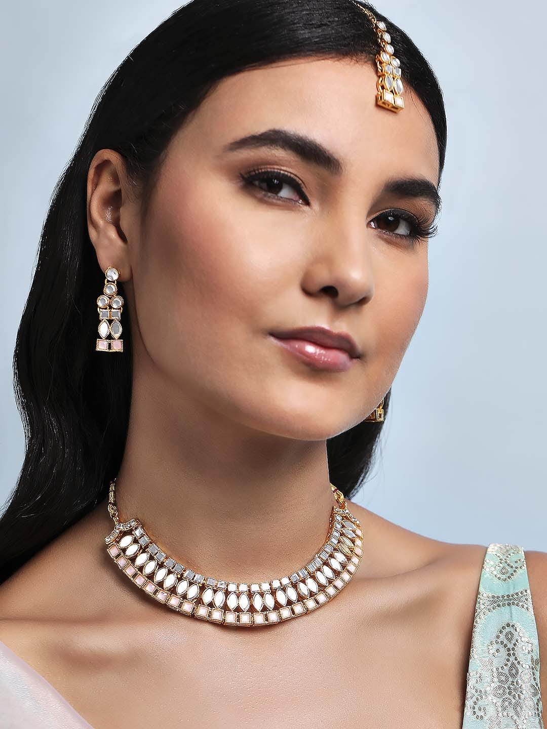 Rubans Gold Plated Necklace Set With Studded Mirror Design And Pink Stones Gold