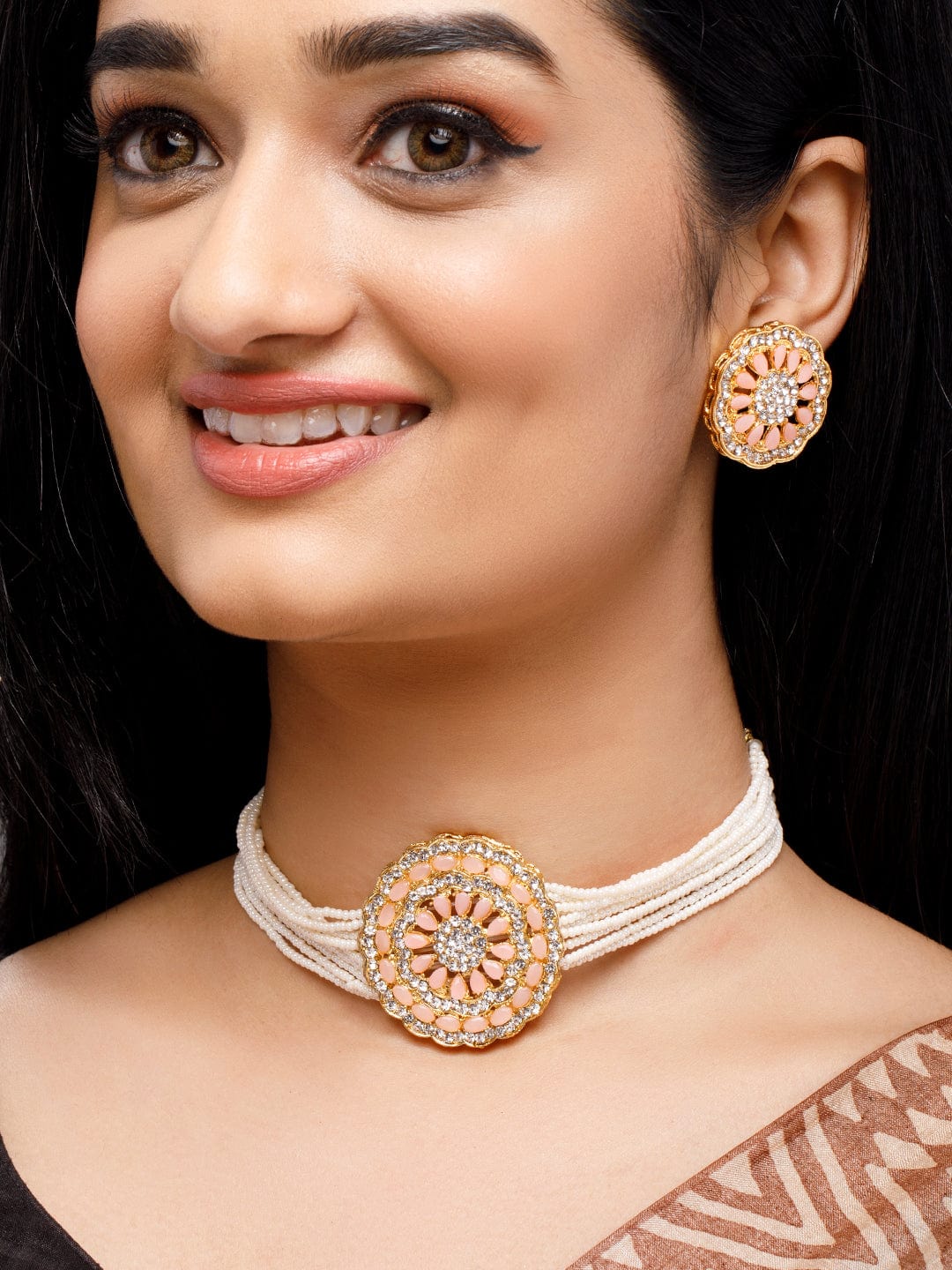 Charming Soft Peach Choker Set Gold