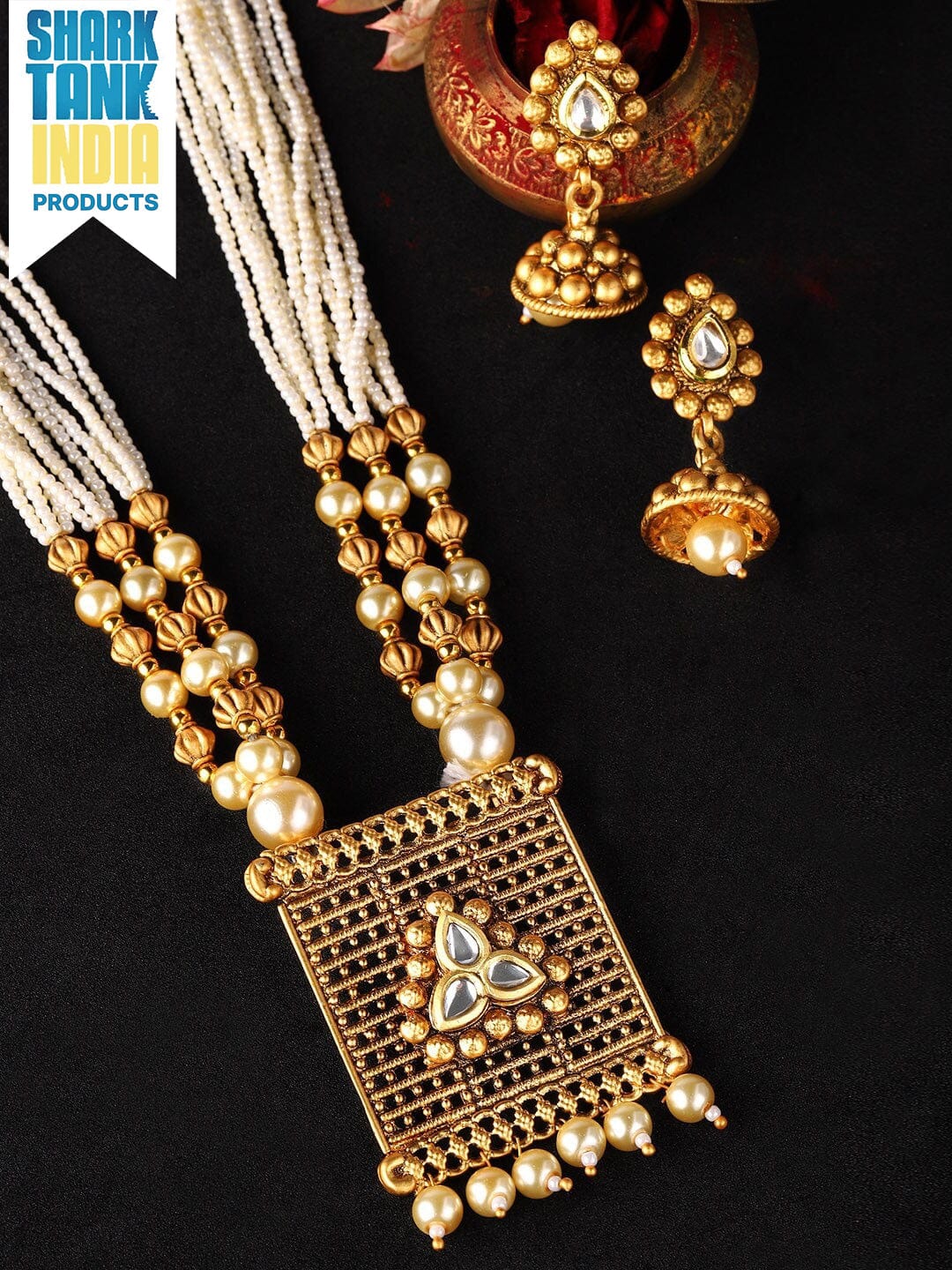 Rubans Gold Plated Pearl Statement Necklace Set Gold