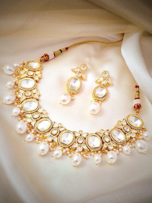 Rubans Gold Plated Polki Necklace Set with Pearl Gold