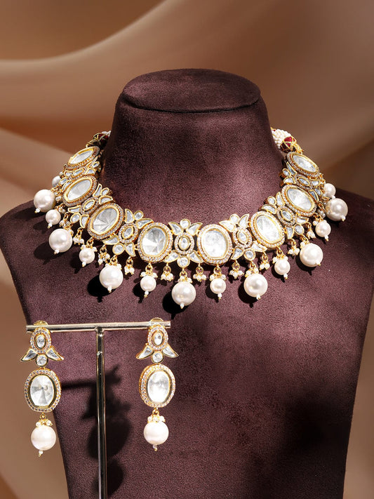 Rubans Gold Plated Polki Necklace Set with Pearl Gold