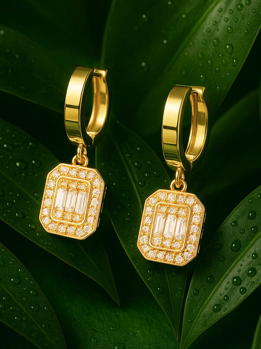 【Rubans】 American Diamond Zirconia Gold Toned Drop Earrings｜ゴールドメッキ ステンレススチール スクエア クリスタル ドロップイヤリング