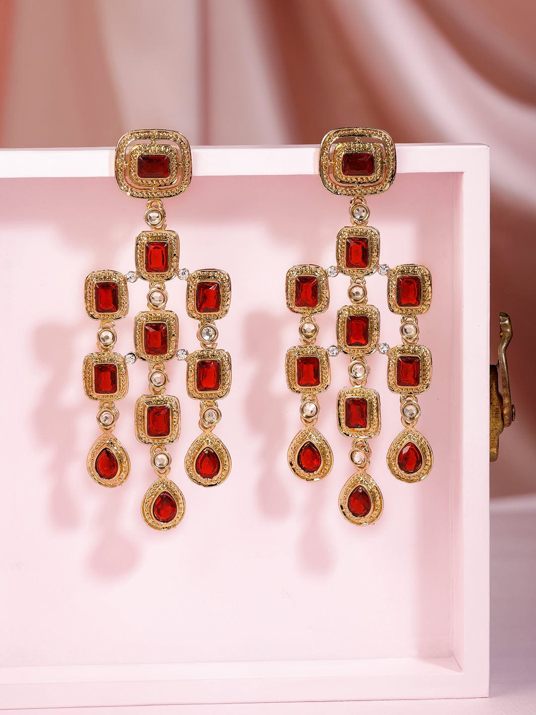 Contemporary Glow Red Zirconia Danglers Gold