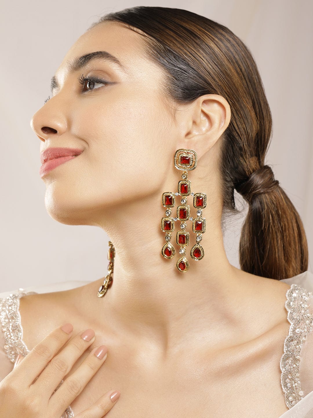 Contemporary Glow Red Zirconia Danglers Gold