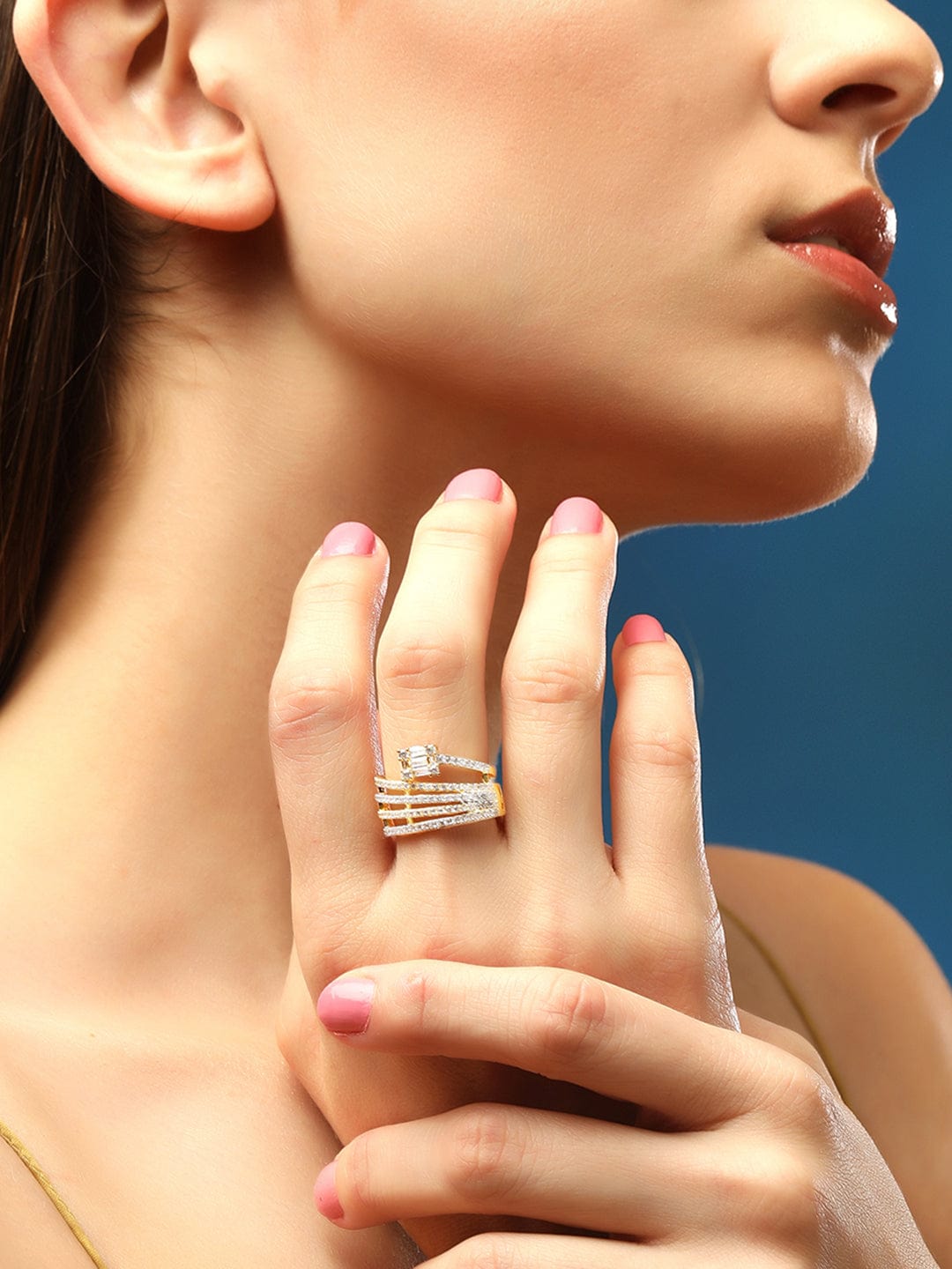 American Diamond Zirconia Studded Gold Ring Gold