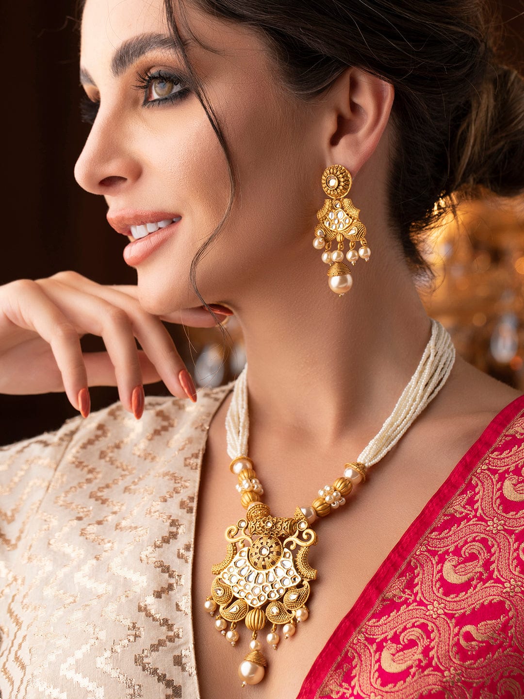 Rubans 22K Gold-Plated White Kundan & Pearl Studded and Beaded Multi-Strand Necklace Set Gold