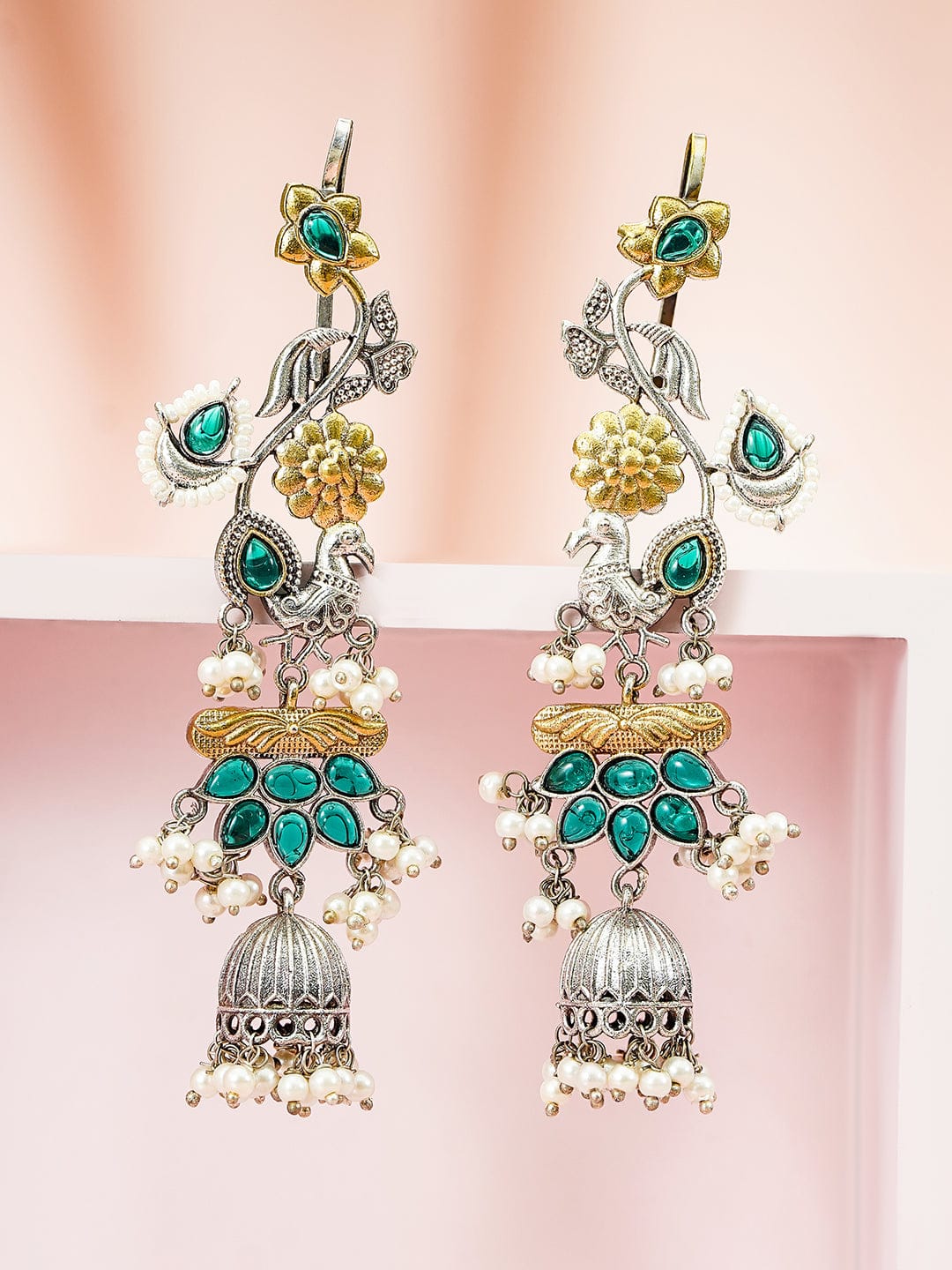 Peacock Motif Green Pearls Two-Toned Jhumkas フリーサイズ