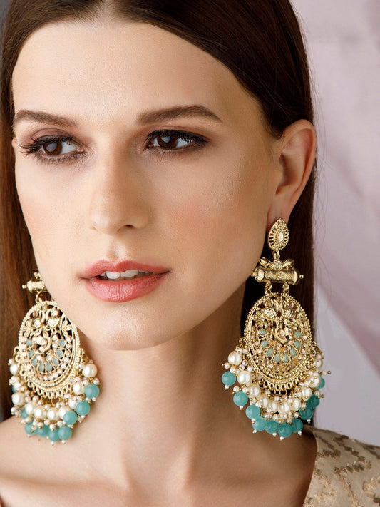 【Rubans】 18K Antique Gold-Plated Big Chandbali with Pearl & Turquoise Blue Bead Accents｜18K アンティークゴールドメッキ ビッグ チャンドバリ イヤリング パール＆ターコイズブルービーズ