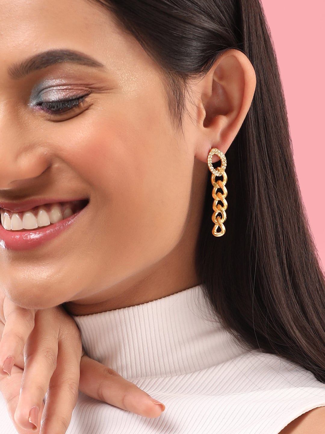 【Rubans】 Voguish Gold Toned Cuban Link Cubic Zirconia Drop Earrings｜ヴォーギッシュ ゴールドトーン キューバンリンク キュービックジルコニア ドロップイヤリング