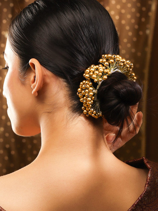 Rubans Gold-Toned Handcrafted Hair Bun Accessory with Golden Pearl Beads Gold