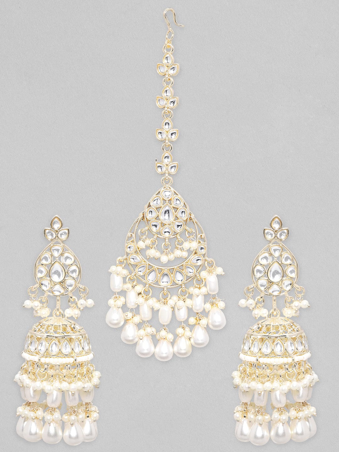 【Rubans】 Gold Toned Kundan Stone Studded Maang Tikka & Earring Set with Pearls｜ゴールドトーン クンダン パール マーンティッカ＆イヤリング セット