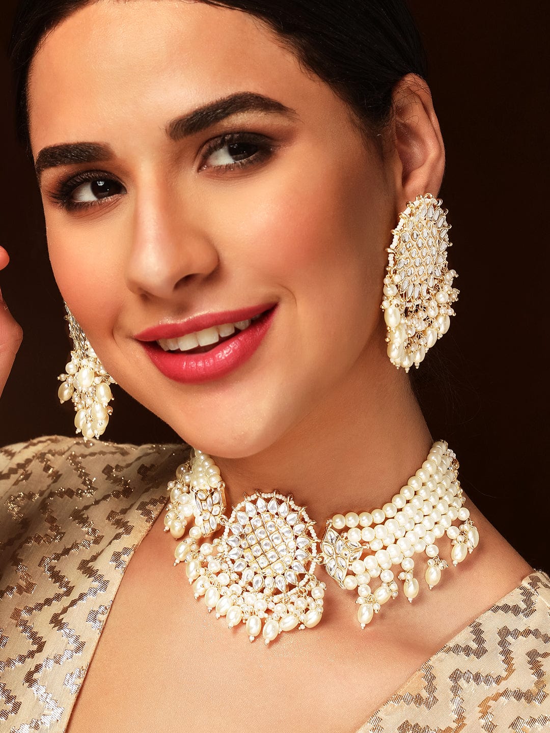 Rubans Gold Toned Kundan Studded Choker Set With Pearl Hangings. Gold::White