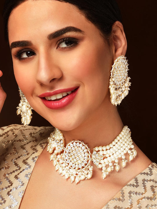 Rubans Gold Toned Kundan Studded Choker Set With Pearl Hangings. Gold::White