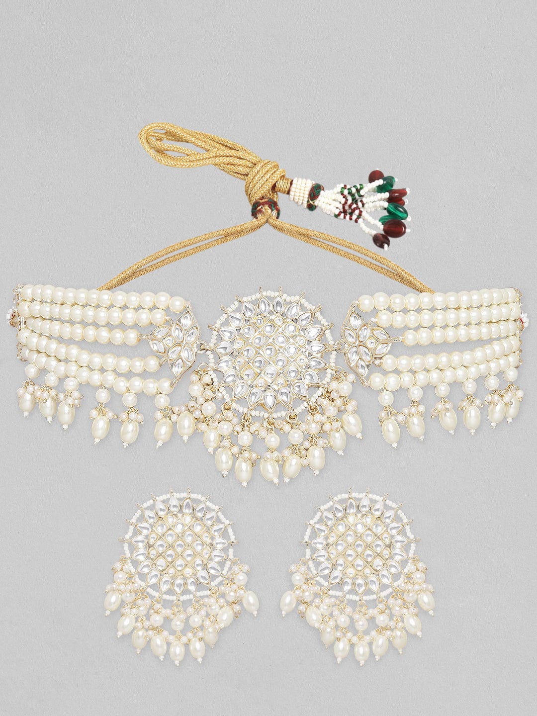 Rubans Gold Toned Kundan Studded Choker Set With Pearl Hangings. Gold::White