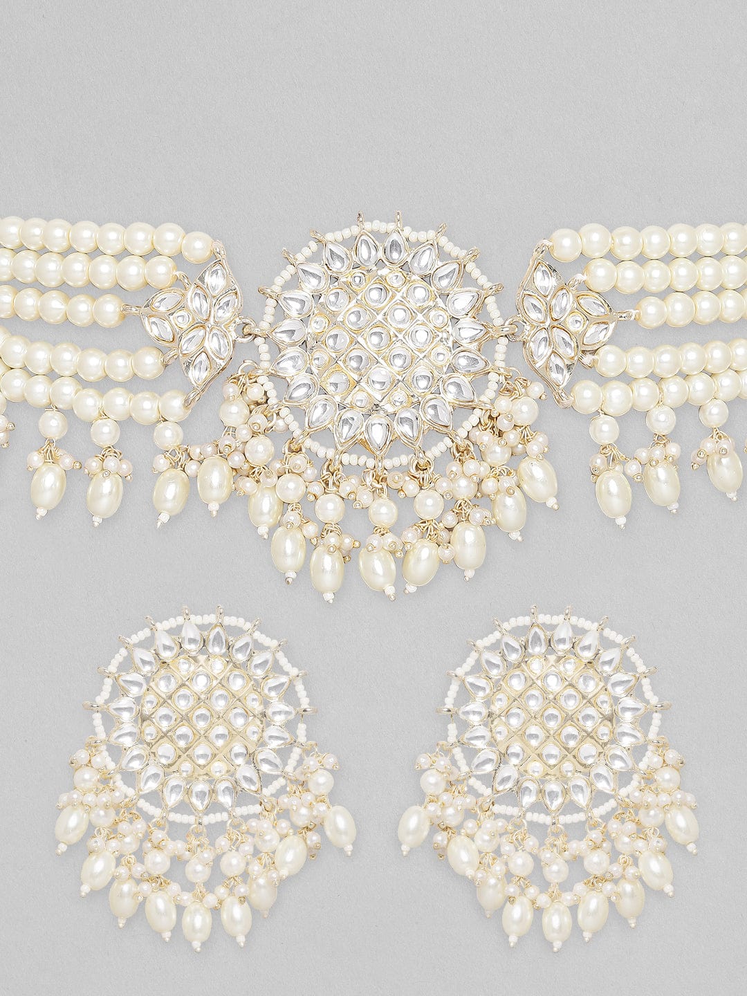 Rubans Gold Toned Kundan Studded Choker Set With Pearl Hangings. Gold::White