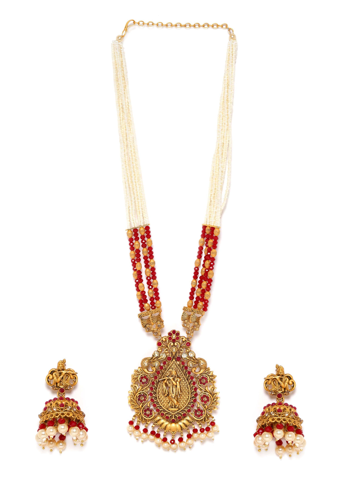 Lord Shri Krisha Majestic Temple Red Necklace Set Gold