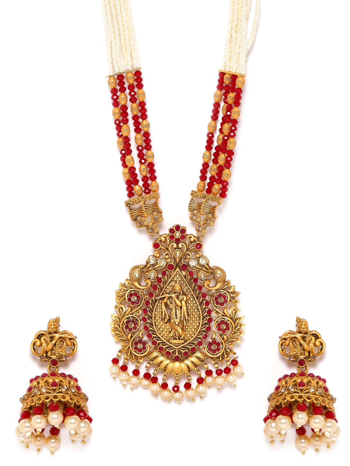 Lord Shri Krisha Majestic Temple Red Necklace Set Gold