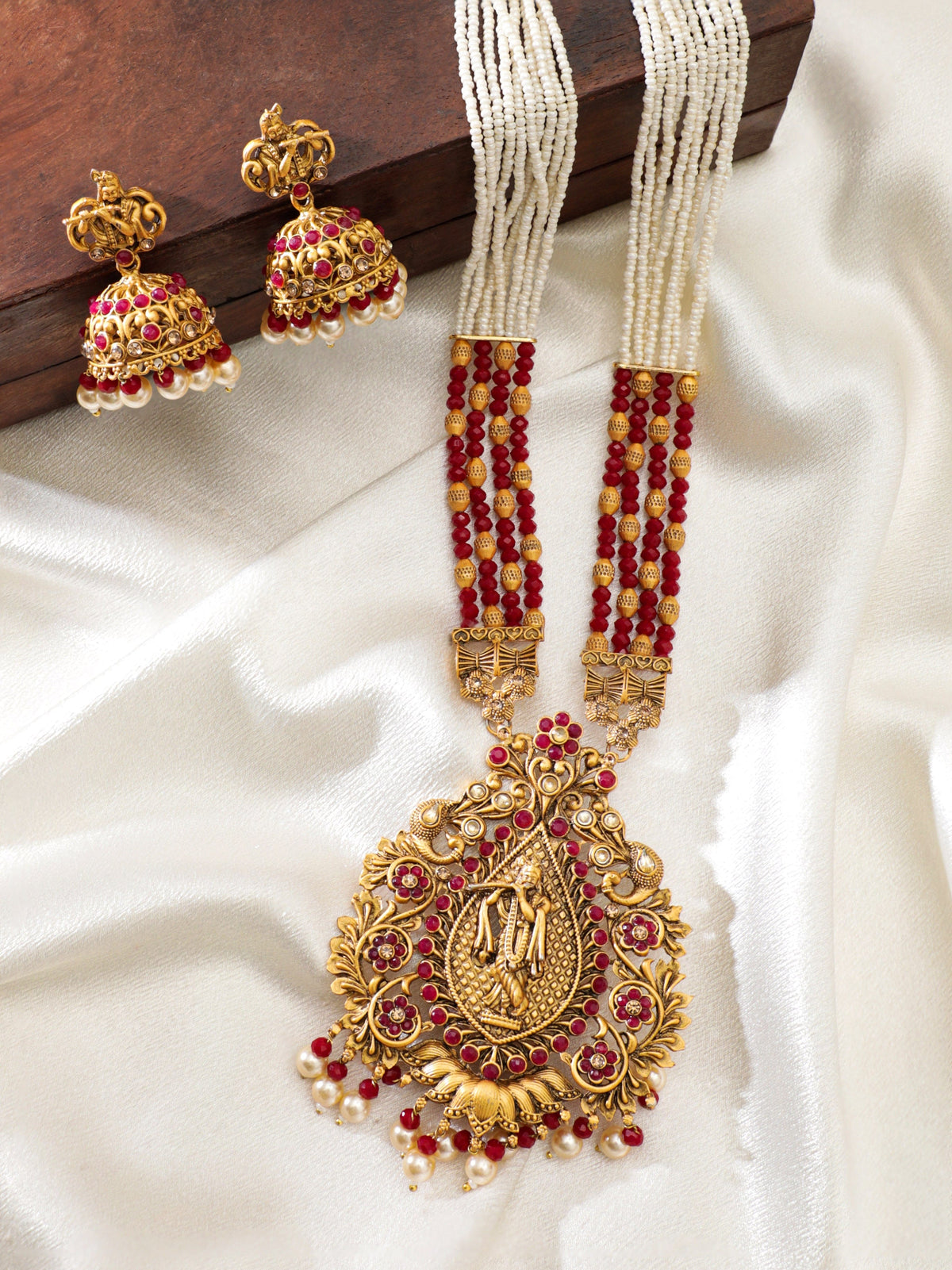 Lord Shri Krisha Majestic Temple Red Necklace Set Gold