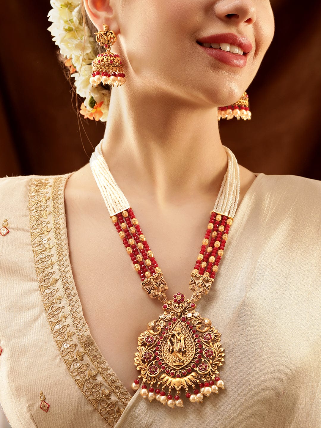 Lord Shri Krisha Majestic Temple Red Necklace Set Gold