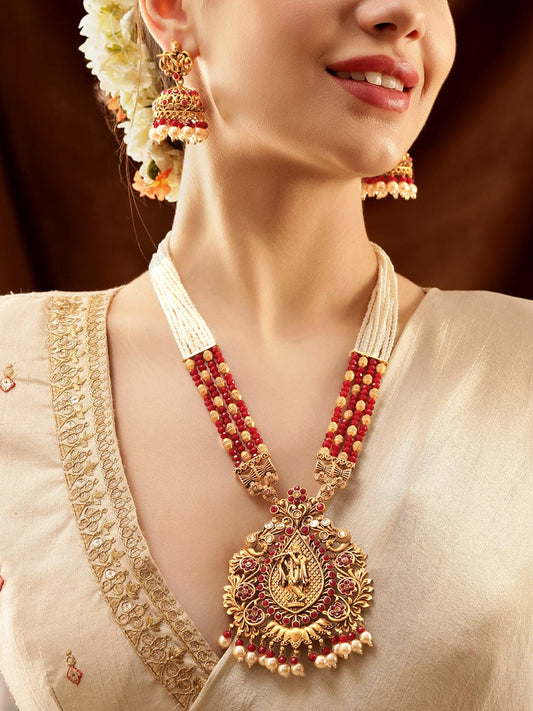 Lord Shri Krisha Majestic Temple Red Necklace Set Gold