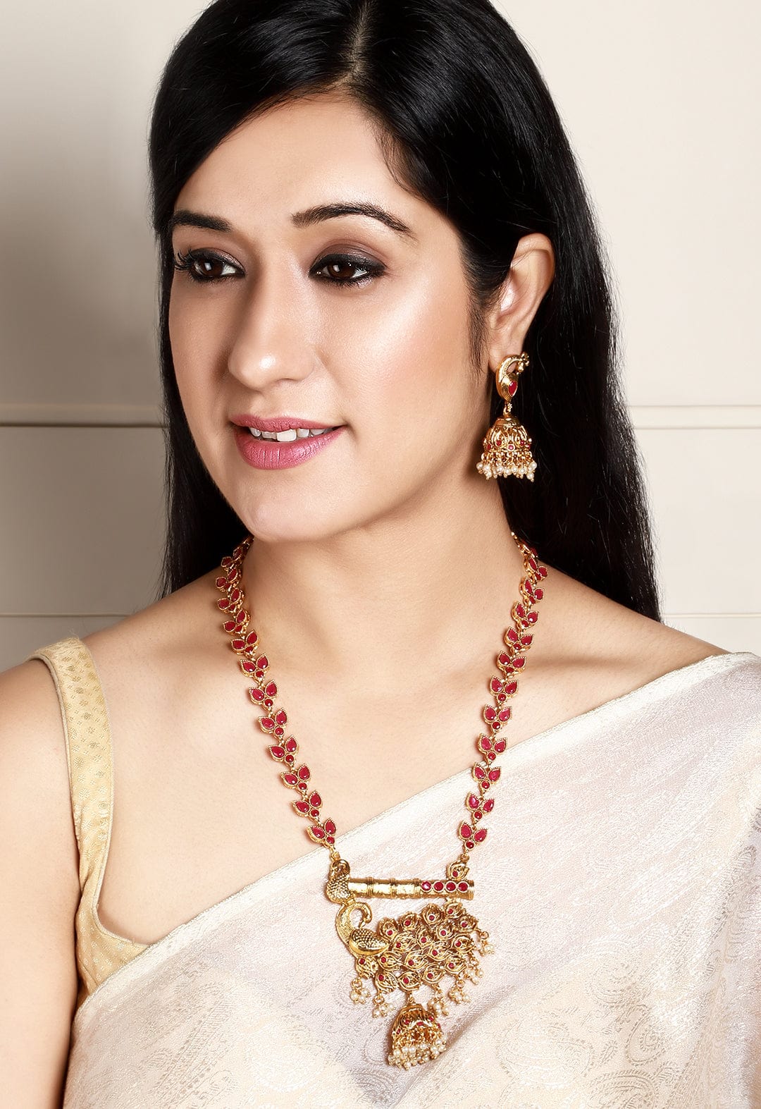 Rubans Gold Toned Peacock Embellished Necklace Set Pink