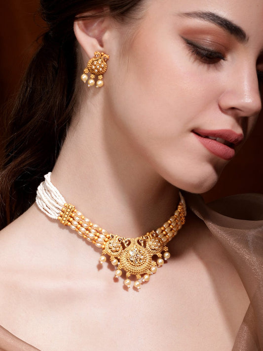 Pearl Beaded Golden Necklace Set Gold