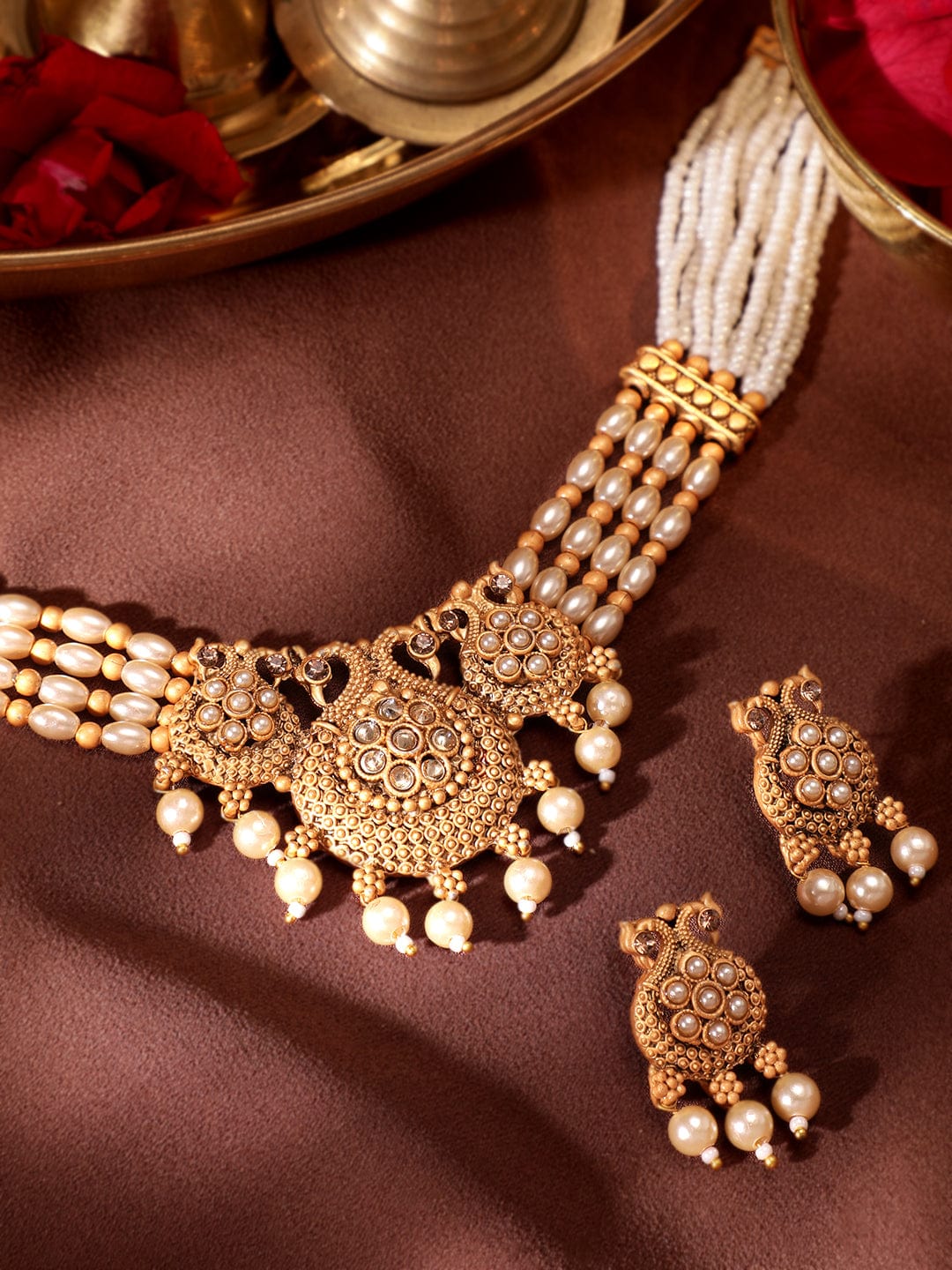Pearl Beaded Golden Necklace Set Gold