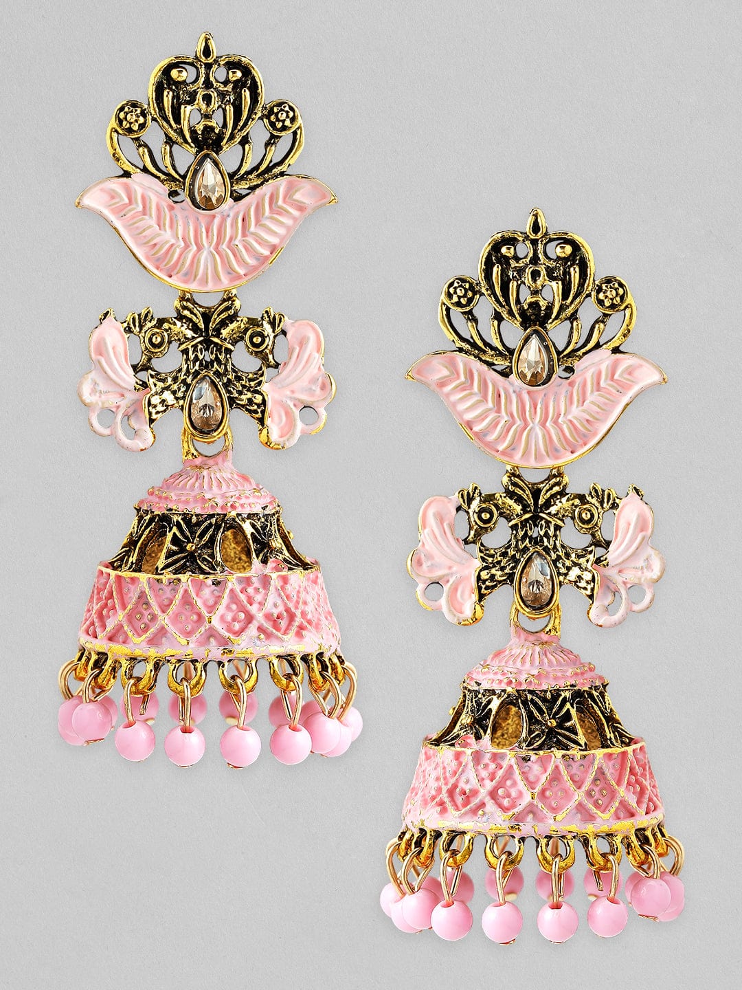 【Rubans】 Gold Toned Pink Enameled Jhumka Earrings｜ゴールドトーン ピンクエナメル ジュムカ イヤリング