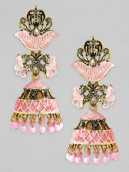 【Rubans】 Gold Toned Pink Enameled Jhumka Earrings｜ゴールドトーン ピンクエナメル ジュムカ イヤリング