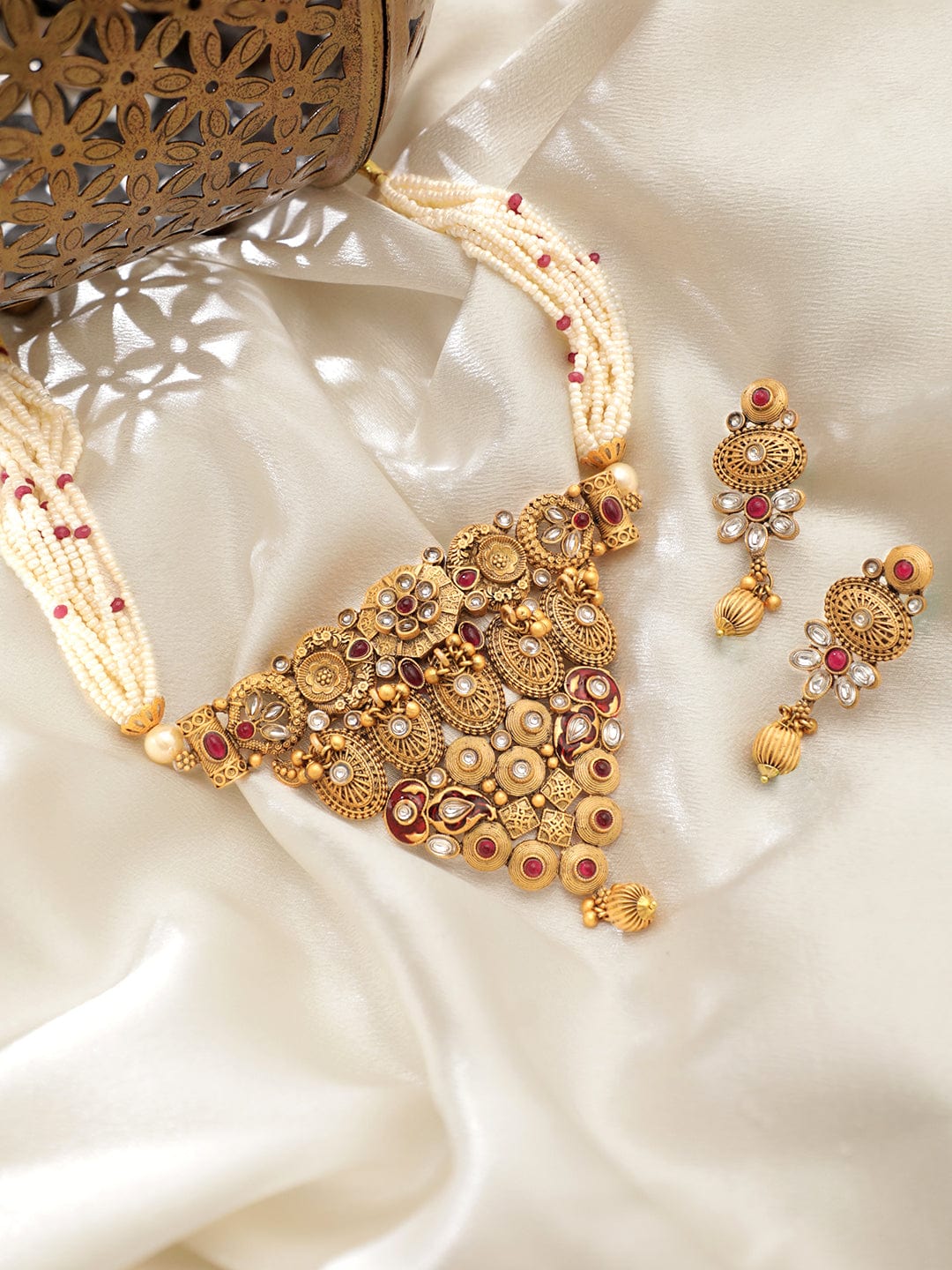 Golden Floral Pearl Beaded Choker Set Multi Color