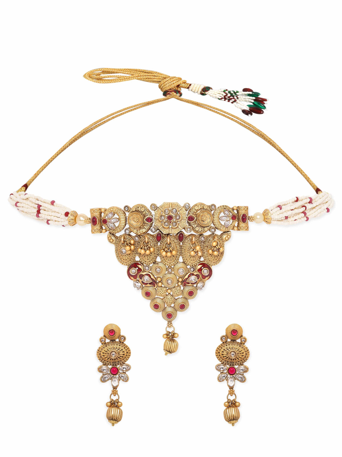 Golden Floral Pearl Beaded Choker Set Multi Color