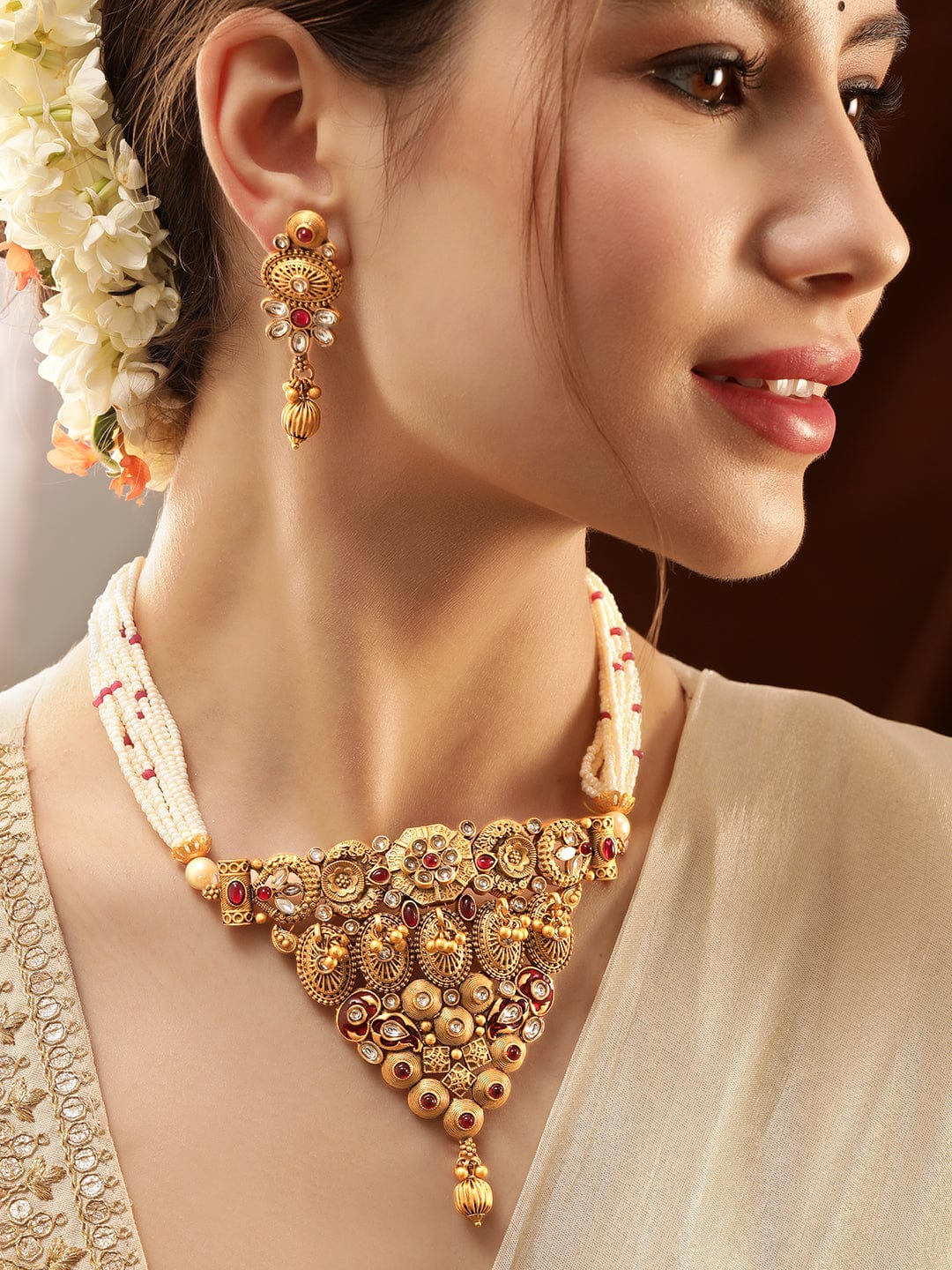 Golden Floral Pearl Beaded Choker Set Multi Color
