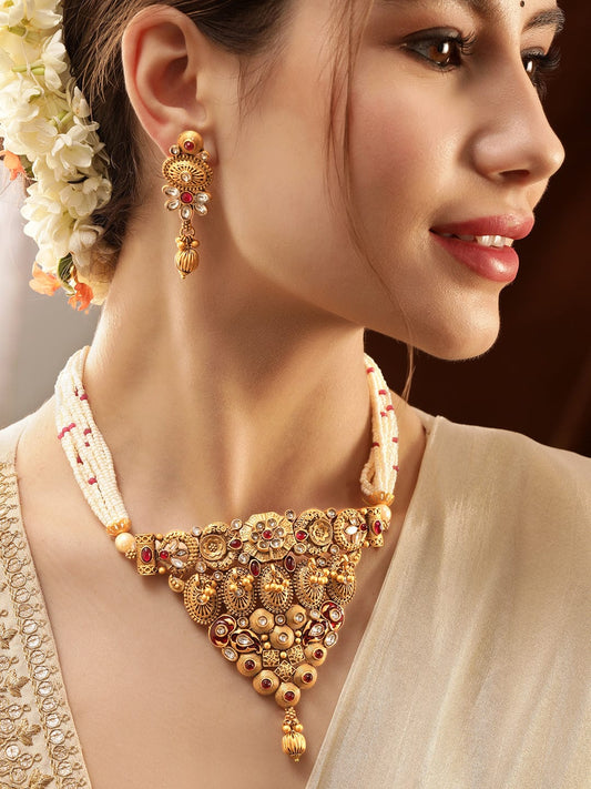 Golden Floral Pearl Beaded Choker Set Multi Color