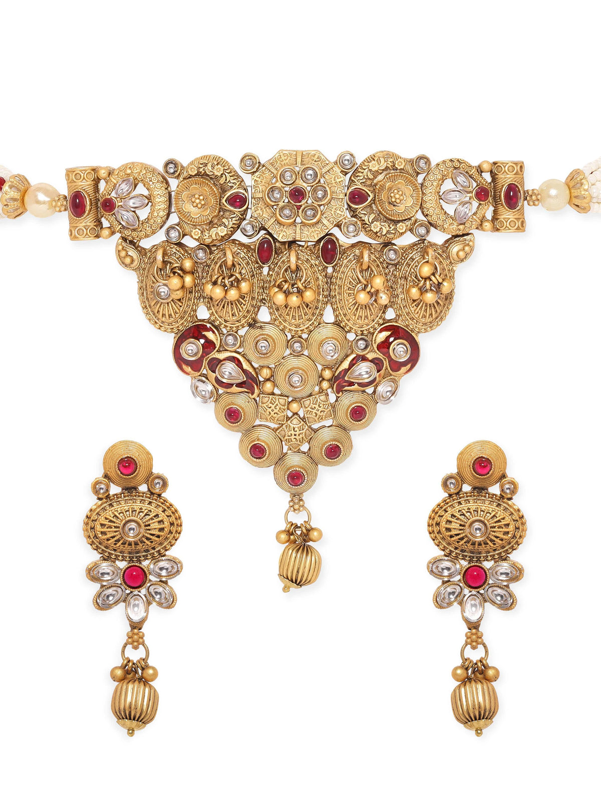 Golden Floral Pearl Beaded Choker Set Multi Color