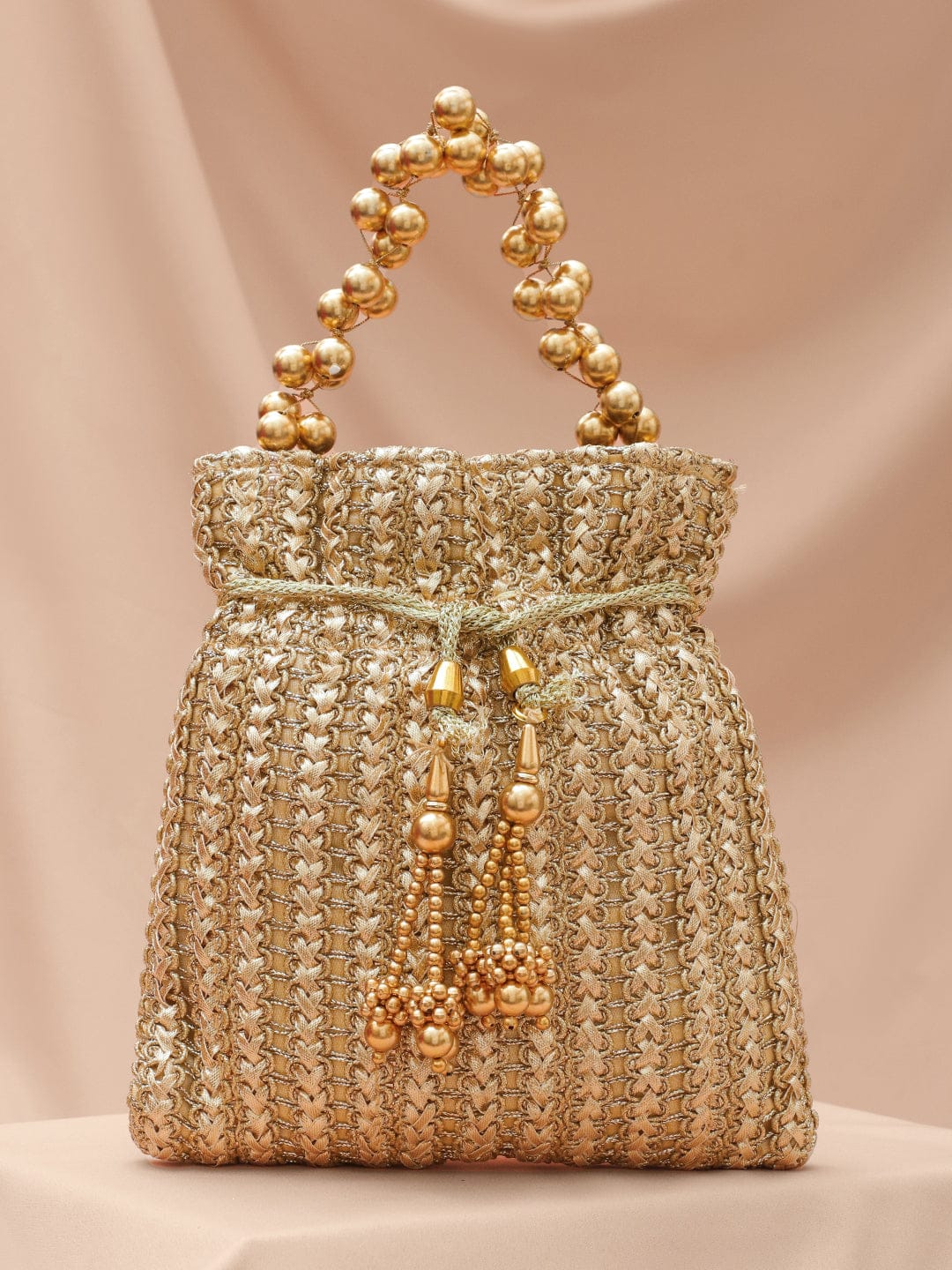 Rubans Gold-Toned Woven Metallic Potli Bag with Golden Bead Handle & Tassel Detailing フリーサイズ