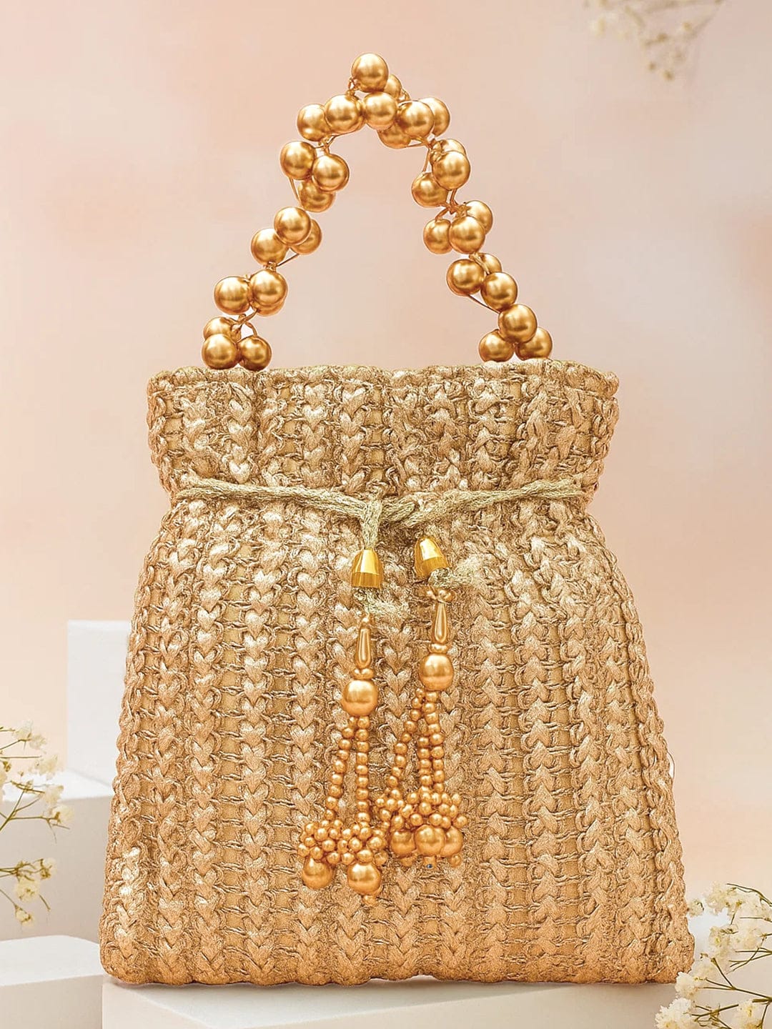 Rubans Gold-Toned Woven Metallic Potli Bag with Golden Bead Handle & Tassel Detailing フリーサイズ
